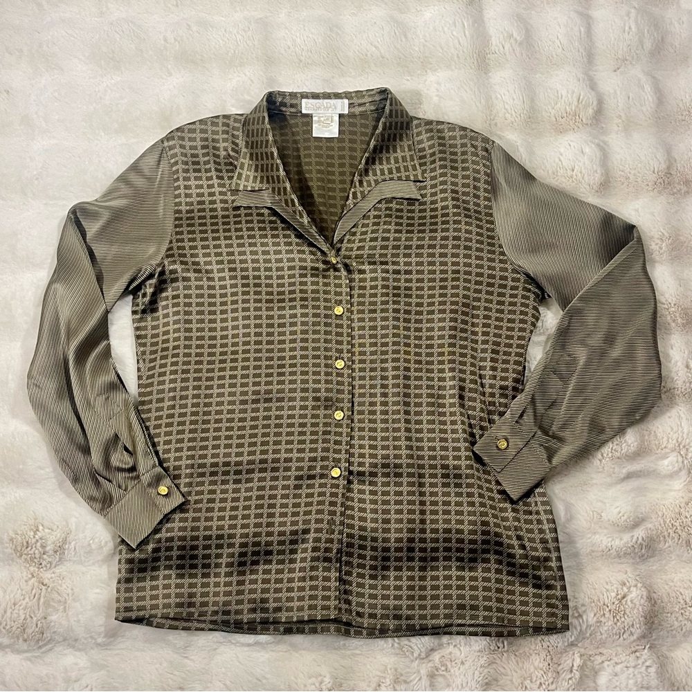 ESCADA 90’s Checkered Striped Double Notch Satin Silk Gold Button Blouse Sz M